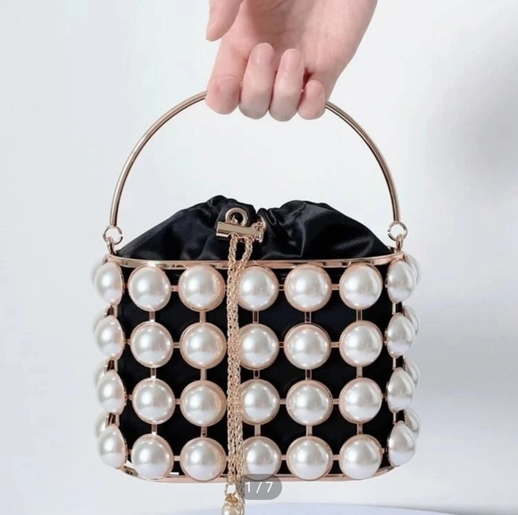 Mini Faux Pearl Decor Drawstring Design Chain Satin Box Bag - Picture 1 of 8